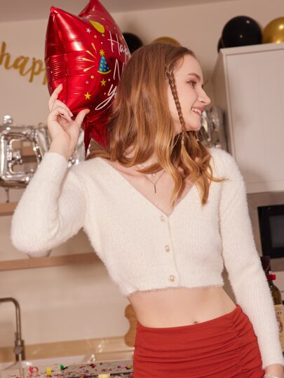 كارديجان فوق قميص مزين بأزرار اللؤلؤ الاصطناعية طويل الأكمام