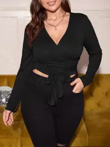 SHEIN Privé Plus Wrap Knot Front Crop Top