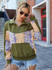 SHEIN LUNE Sudadera de color combinado con cremallera media de hombros caídos - Multicolor - Ver 1