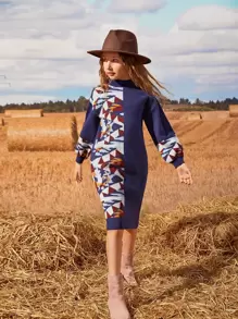 SHEIN Girls Lantern Sleeve Geo Pattern Jumper Dress - Multicolor - View 1