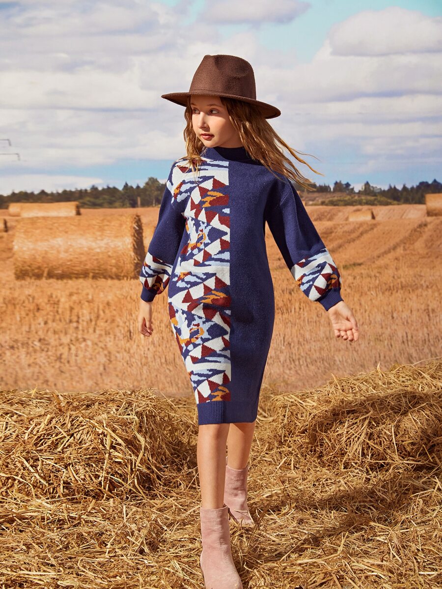 SHEIN Girls Lantern Sleeve Geo Pattern Jumper Dress - Multicolor - View 1