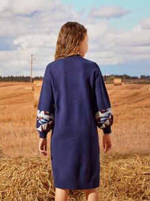 SHEIN Girls Lantern Sleeve Geo Pattern Jumper Dress - Multicolor - View 2