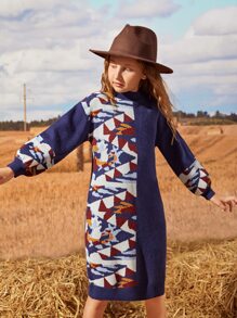 SHEIN Girls Lantern Sleeve Geo Pattern Jumper Dress - Multicolor - View 3