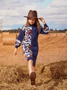 SHEIN Girls Lantern Sleeve Geo Pattern Jumper Dress - Multicolor - View 4