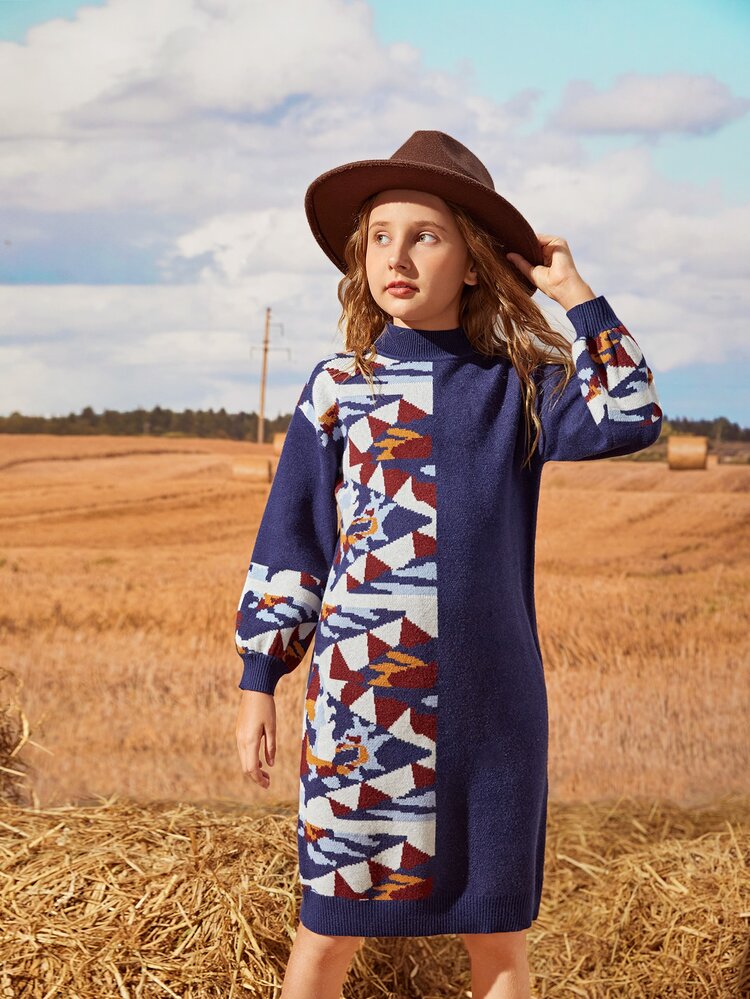 SHEIN Girls Lantern Sleeve Geo Pattern Jumper Dress - Multicolor - View 6