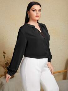 SHEIN Clasi Áo sơ mi Plus Size Nút phía trước màu trơn Thanh lịch - màu đen - Xem 3