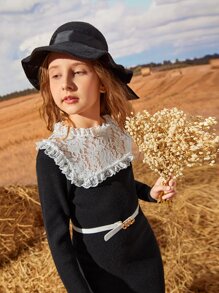 SHEIN Girls Two Tone Contrast Lace Jumper Dress Without Belt - Black - View 5