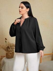 SHEIN Clasi Áo sơ mi Plus Size Nút phía trước màu trơn Thanh lịch - màu đen - Xem 4