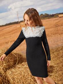 SHEIN Girls Two Tone Contrast Lace Jumper Dress Without Belt - Black - View 3