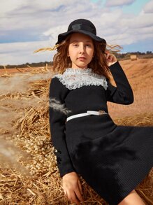 SHEIN Girls Two Tone Contrast Lace Jumper Dress Without Belt - Black - View 6