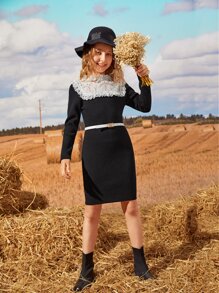 SHEIN Girls Two Tone Contrast Lace Jumper Dress Without Belt - Black - View 1