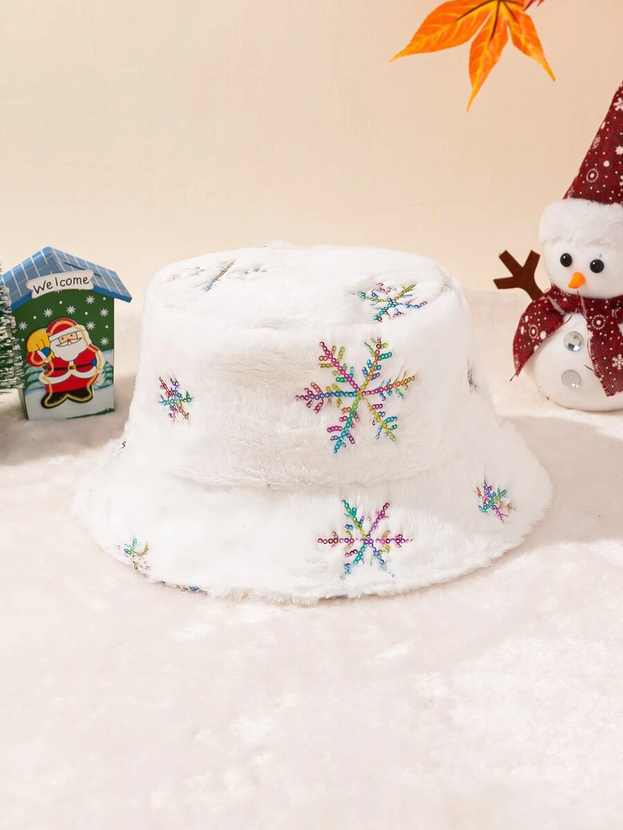 雪花亮片裝飾長毛絨漁夫帽 - 白色 - 查看 1