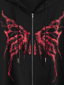 ROMWE Grunge Punk Butterfly Print Zip Up Hoodie - Black - View 3