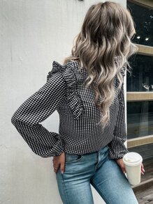 SHEIN LUNE Blusa con estampado de guingán ribete con fruncido de manga farol - Blanco y Negro - Ver 3