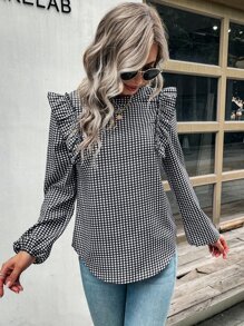 SHEIN LUNE Blusa con estampado de guingán ribete con fruncido de manga farol - Blanco y Negro - Ver 4