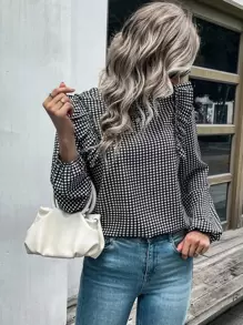 SHEIN LUNE Blusa con estampado de guingán ribete con fruncido de manga farol - Blanco y Negro - Ver 7