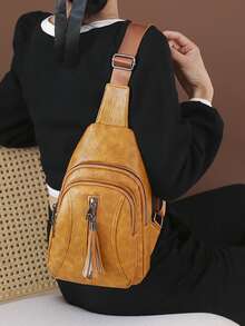 EMERY ROSE Vintage Tassel Decor Sling Bag - Yellow - View 2