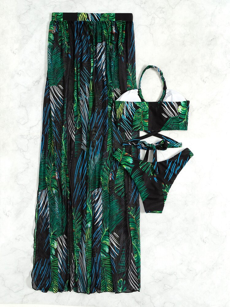 SHEIN Swim 夏季沙灘棕櫚葉印花交叉吊帶比基尼 - 彩色 - 查看 4