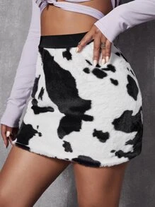 Falda ajustada con estampado de vaca de peluche - Blanco y Negro - Ver 1
