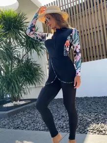 Swim Mulvari Floral Print Zipper Front Full Body Swimsuit - Multicolor - View 1