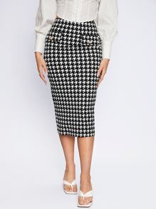 BizChic Chi tiết về Flap Đồ họa Houndstooth Chân Váy xẻ Trang phục làm việc - Đen và trắng - Xem 1