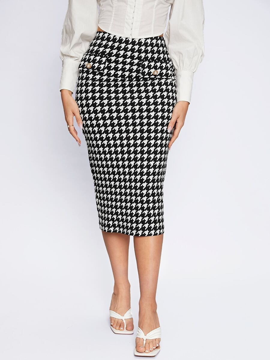 BizChic Chi tiết về Flap Đồ họa Houndstooth Chân Váy xẻ Trang phục làm việc - Đen và trắng - Xem 1