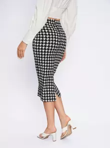 BizChic Chi tiết về Flap Đồ họa Houndstooth Chân Váy xẻ Trang phục làm việc - Đen và trắng - Xem 2
