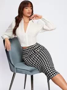 BizChic Chi tiết về Flap Đồ họa Houndstooth Chân Váy xẻ Trang phục làm việc - Đen và trắng - Xem 3