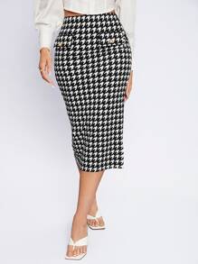 BizChic Chi tiết về Flap Đồ họa Houndstooth Chân Váy xẻ Trang phục làm việc - Đen và trắng - Xem 4