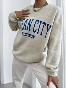 SHEIN Unity Letter Graphic Drop Shoulder Pullover  Fall Outfit - Light Grey - View 4