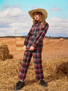 SHEIN 女孩自綁腰帶蘇格蘭格紋襯衫連體褲 - 彩色 - 查看 1