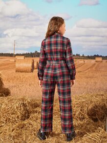SHEIN 女孩自綁腰帶蘇格蘭格紋襯衫連體褲 - 彩色 - 查看 2