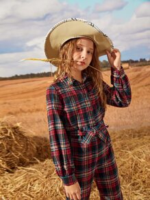 SHEIN 女孩自綁腰帶蘇格蘭格紋襯衫連體褲 - 彩色 - 查看 3