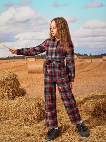 SHEIN 女孩自綁腰帶蘇格蘭格紋襯衫連體褲 - 彩色 - 查看 5