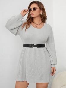 大碼條紋針織燈籠袖毛衣洋裝不附腰帶 - 淺灰色 - 查看 1