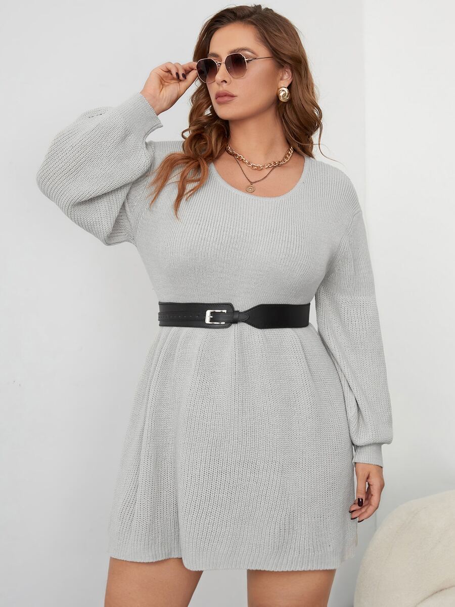 大碼條紋針織燈籠袖毛衣洋裝不附腰帶 - 淺灰色 - 查看 1