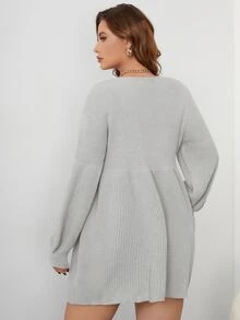 大碼條紋針織燈籠袖毛衣洋裝不附腰帶 - 淺灰色 - 查看 2