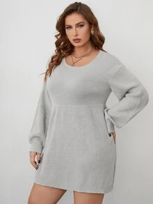 大碼條紋針織燈籠袖毛衣洋裝不附腰帶 - 淺灰色 - 查看 4