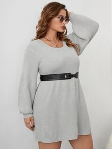 大碼條紋針織燈籠袖毛衣洋裝不附腰帶 - 淺灰色 - 查看 5