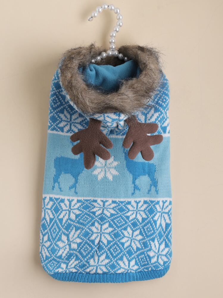 Jersey Grueso Y Cálido Para Perro Con Patrón De Reno De Terciopelo Azul Tejido, Astas De Reno Tejidas Y Patrón Clásico De Reno - Multicolor - Ver 2