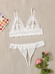 Plus Cut-out Lace Triangle Crotchless Lingerie Set - White - View 1