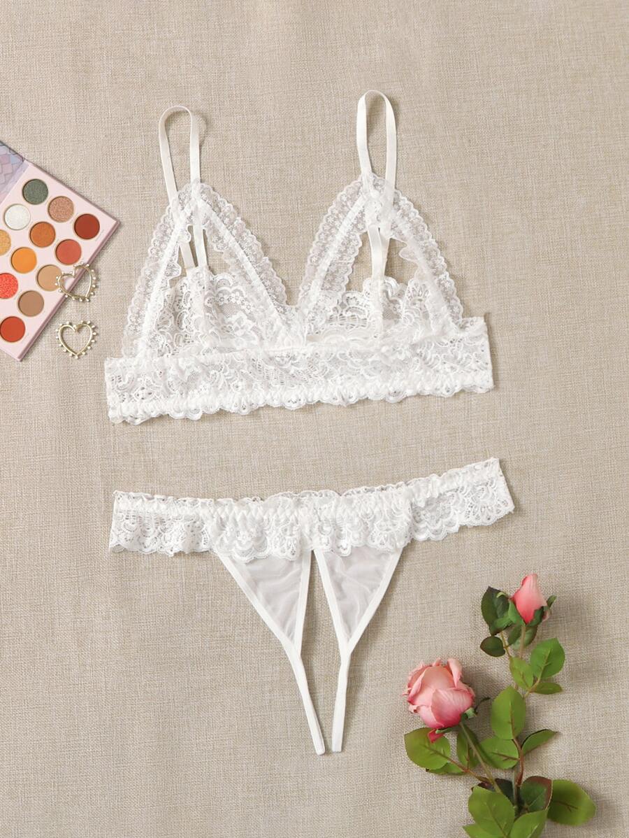 Plus Cut-out Lace Triangle Crotchless Lingerie Set - White - View 1