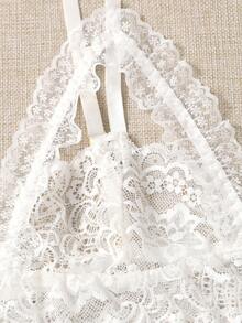 Plus Cut-out Lace Triangle Crotchless Lingerie Set - White - View 4