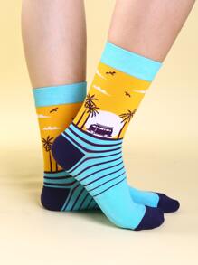 Men Striped Pattern Crew Socks - Multicolor - View 1