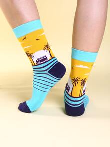 Men Striped Pattern Crew Socks - Multicolor - View 2