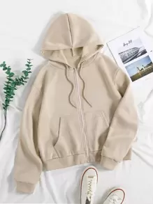 INAWLY Zip Up Drawstring Thermal Hoodie - Apricot - View 1