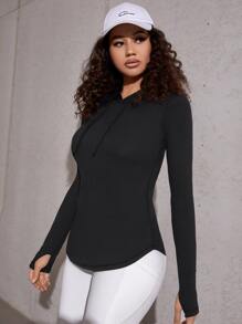 SHEIN Sport Gameset Solid Drawstring Sports Hoodie Fall Long Sleeve Sweatshirt