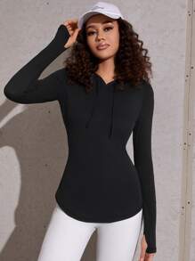 SHEIN Sport Gameset Solid Drawstring Sports Hoodie Fall Long Sleeve Sweatshirt