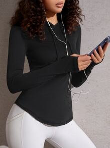 SHEIN Sport Gameset Solid Drawstring Sports Hoodie Fall Long Sleeve Sweatshirt