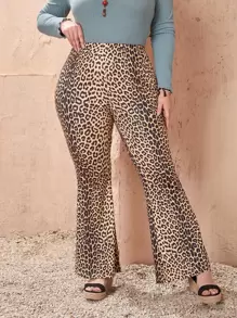 SHEIN Clasi Plus High Waist Leopard Print Flare Leg Trousers - Multicolor - View 1